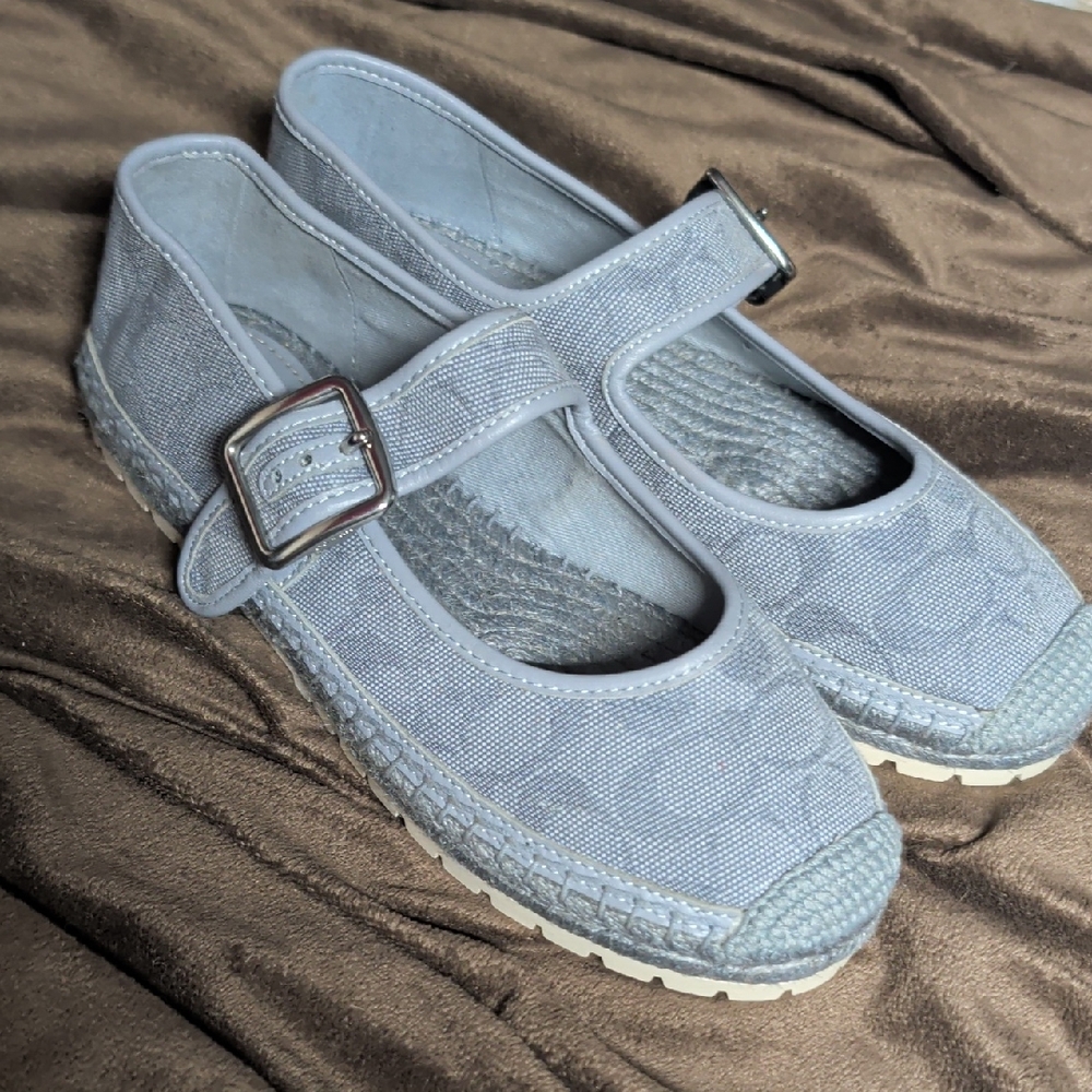 Stylish Coach Courtney espadrille Mary Jane flats in grey blue signature canvas